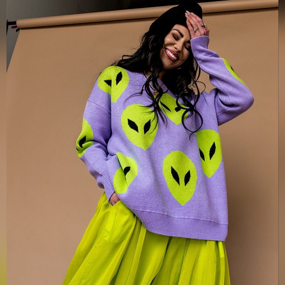 Dressed in LALA Purple and Neon Green Alien Sweater